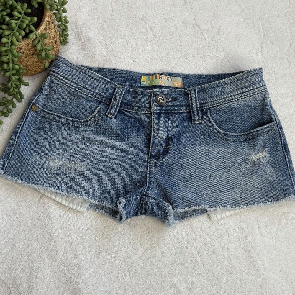 Roxy Denim Low Rise 1.5" Micro Mini Booty Denim Shorts Size 1 Distressed Y2K